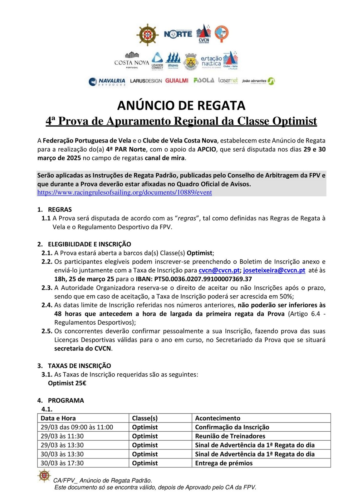 página 1 do anúncio de regata da prova